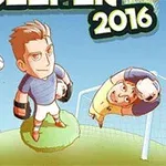 Trzej karykaturalni piłkarze z wielkimi głowami na tle bramki i trawy