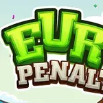 Napis EURO Penalty w zielono-białej kolorystyce z piłką nożną zastępującą literę O na jasnym tle z chmurami