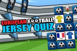 Ilustracja przedstawia stadion piłkarski z napisem European Football Jersey Quiz oraz grafiką koszulek piłkarskich i piłek
