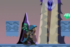 Postać w kapturze z plecakiem i toporem stoi na tle fioletowo-beżowego smoka i zielonego kryształu, na tle niebieskiej platformy z rzeźbionymi elementami