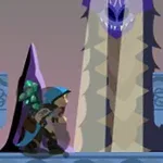 Postać w kapturze z plecakiem i toporem stoi na tle fioletowo-beżowego smoka i zielonego kryształu, na tle niebieskiej platformy z rzeźbionymi elementami