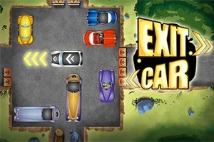 Samochody zaparkowane w parkingu o nierównych granicach z widocznymi strzałkami i dużym napisem EXIT CAR na bocznej części obrazu
