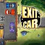 Samochody zaparkowane w parkingu o nierównych granicach z widocznymi strzałkami i dużym napisem EXIT CAR na bocznej części obrazu