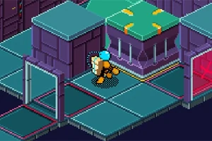 Postać w kombinezonie kosmicznym przemierzająca pikselowe wnętrze futurystycznego statku z fioletowymi i zielonymi elementami