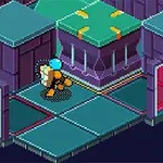 Postać w kombinezonie kosmicznym przemierzająca pikselowe wnętrze futurystycznego statku z fioletowymi i zielonymi elementami