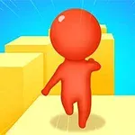 Czerwona postać biegnąca po żółtych stopniach na tle niebieskiego nieba