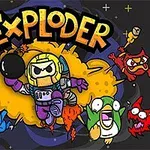 Astronaut z bombą otoczony przez kolorowe, kreskówkowe potwory na ciemnym tle z napisem Exploder na górze