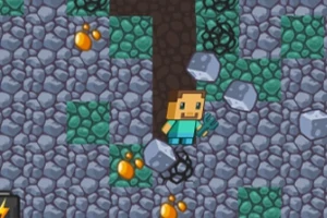 Postać w stylu pikselowym z kilofem w otoczeniu skał i złotych bryłek