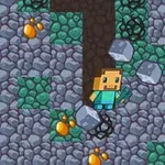 Postać w stylu pikselowym z kilofem w otoczeniu skał i złotych bryłek