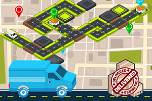 Niebieska ciężarówka na tle mapy z ulicami i znacznikami lokalizacji, z pieczątką Delivered