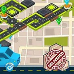 Niebieska ciężarówka na tle mapy z ulicami i znacznikami lokalizacji, z pieczątką Delivered