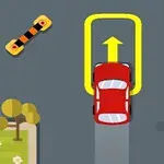 Czerwony samochód wykonujący manewr zawracania na ulicy z widocznymi żółtymi strzałkami i przydrożnymi drzewami