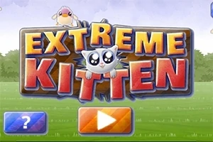 Napis EXTREME KITTEN z uroczym kotkiem pośrodku i ptakiem na górze oraz przyciskami z ikoną pytania i trójkątem odtwarzania na tle zielonej trawy