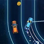 Trzy samochody wyścigowe na neonowej trasie, z niebieskim pojazdem wykonującym manewr skrętu i unoszącą się monetą
