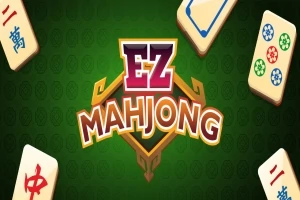 Nazwa EZ Mahjong na zielonym tle otoczona kostkami mahjonga z różnymi symbolami