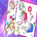 Kolorowa ilustracja przedstawiająca jednorożce i przybory plastyczne na tle gwiaździstego nieba