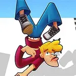 Postać w kreskówkowym stylu przewracająca się na głowę w pobliżu linii mety, obok dużego sześcianu