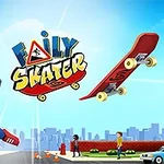 Postać animowana skacząca w powietrzu z deskorolką obok, tło z miastem w oddali i logotypem w centrum