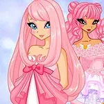 Dwie postacie o długich różowych włosach w fantazyjnych strojach z motywem skrzydeł motyla na tle niebieskiego rozmycia