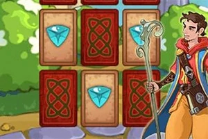 Mężczyzna z magiczną laską stoi przed planszą z kartami ozdobionymi klejnotami na tle zielonego krajobrazu