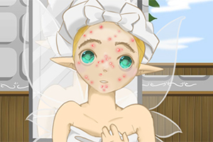 Postać elfki w ręczniku z trądzikiem na twarzy, z zielonymi oczami i białą opaską na głowie