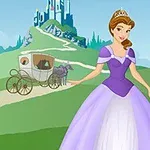 Księżniczka w fioletowej sukni z tiarą na tle zamku i powozu z końmi