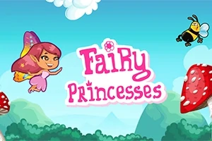 Różowowłosa wróżka w locie z tęczowymi skrzydłami, z napisem Fairy Princesses, w otoczeniu błękitnego nieba, obłoków i muchomorów