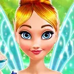 Postać wróżki z blond włosami, niebieskimi oczami i świecącymi skrzydłami na tle zieleni, trzymająca miskę z kremem