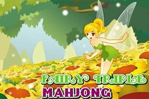 Wróżka z blond włosami i skrzydłami na łące pełnej kolorowych kwiatów z napisem Fairy Triple Mahjong