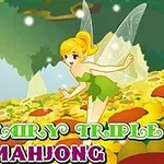 Wróżka z blond włosami i skrzydłami na łące pełnej kolorowych kwiatów z napisem Fairy Triple Mahjong
