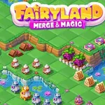 Kolorowy, kreskówkowy krajobraz z bajkowymi elementami jak kwiaty, elfy, stawy i magiczne przedmioty na tle zielonych pól