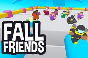 Kolorowe, kreskówkowe postacie biegną na arenie z napisem FALL FRIENDS po lewej stronie