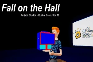 Postać z rudymi włosami trzyma kolorowy sześcian na tle ciemnej sceny z widocznym napisem Fall on the Hall u góry