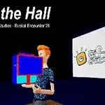 Postać z rudymi włosami trzyma kolorowy sześcian na tle ciemnej sceny z widocznym napisem Fall on the Hall u góry