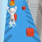 Biały, humanoidalny kształt biegnący po niebieskiej drodze wśród wysokich budynków z czerwonymi przeszkodami