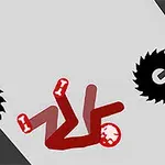 Czerwona postać upadła na ziemię między piłami tarczowymi i kolcami na szarym tle