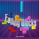 Kolorowe klocki spadające na fioletowe tło z napisem Falling Blocks