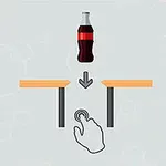 Butelka napoju zawieszona nad przepaścią z dwoma platformami po bokach i ikoną wskazującą gest dotknięcia poniżej