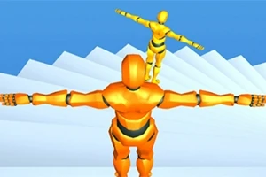 Dwa pomarańczowe humanoidalne roboty rozciągnięte na tle białych schodów i błękitnego nieba