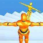 Dwa pomarańczowe humanoidalne roboty rozciągnięte na tle białych schodów i błękitnego nieba