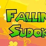 Zielony napis Falling Sudoku na żółto-pomarańczowym tle z kwiatowymi wzorami