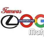 Znaki znanych marek tworzą napis LOGO z dodatkowymi słowami Famous, Underground i mahjong