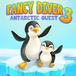 Dwa pingwiny stoją na lodowej krze, z kolorowym napisem u góry na tle antarktycznego krajobrazu