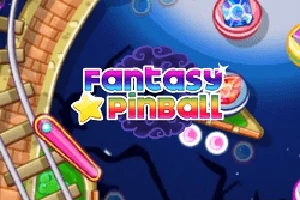 Kolorowe logo Fantasy Pinball na tle stylizowanej planszy z elementami gry pinball, takimi jak łapki oraz kolorowe światła