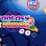 Kolorowe logo Fantasy Pinball na tle stylizowanej planszy z elementami gry pinball, takimi jak łapki oraz kolorowe światła