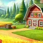 Czerwony budynek gospodarstwa na tle pól pszenicy i lasu z górami w oddali