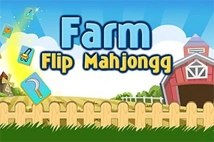 Napis Farm Flip Mahjongg na tle farmy z czerwonym stodołą i ogrodzeniem