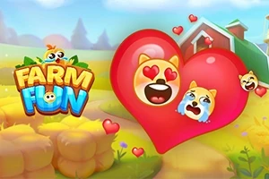 Kolorowa ilustracja z postaciami emoji w kształcie serc na tle farmy i dużej stodoły oraz animowanym logo Farm Fun