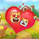 Kolorowa ilustracja z postaciami emoji w kształcie serc na tle farmy i dużej stodoły oraz animowanym logo Farm Fun
