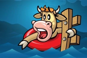 Kreskówkowa krowa w czerwonym kole ratunkowym unosząca się na wodzie z drzewem w tle